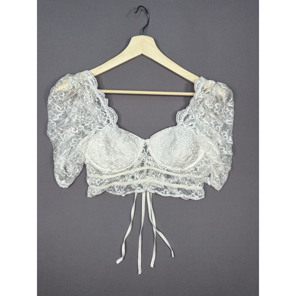 Rosevelvet Lace Ruffle Bustier Corset Pull Sleeves and Tie Back Size Medium